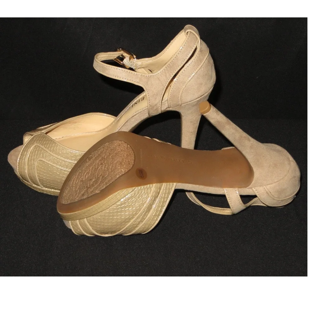 Gianni Bini Tan Suede Snakeskin Embossed Platform Stiletto Sandals Gold 6.5M - Picture 8 of 10